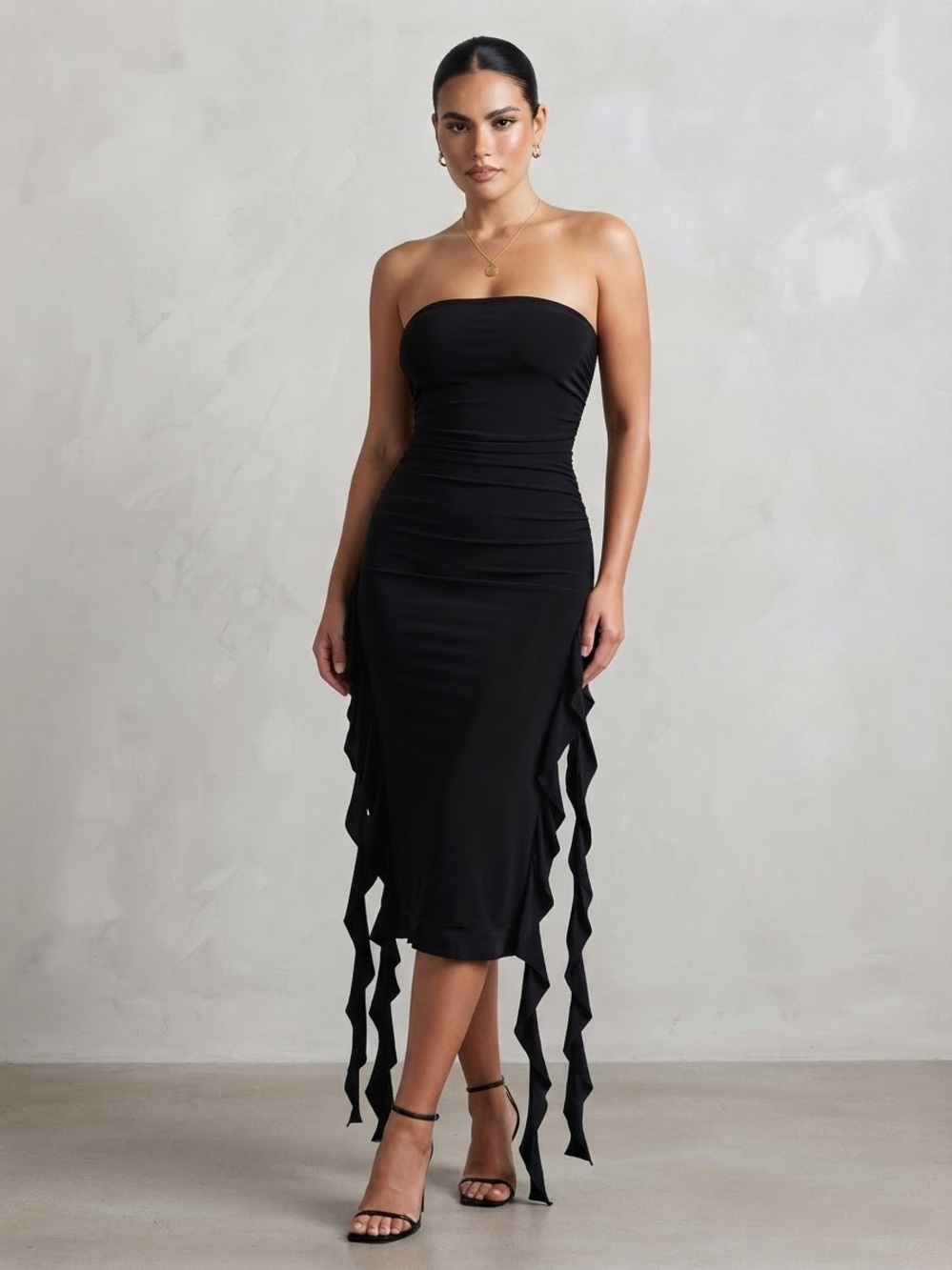 Amazon Black Asymmetrical Ruffle Strapless Dress